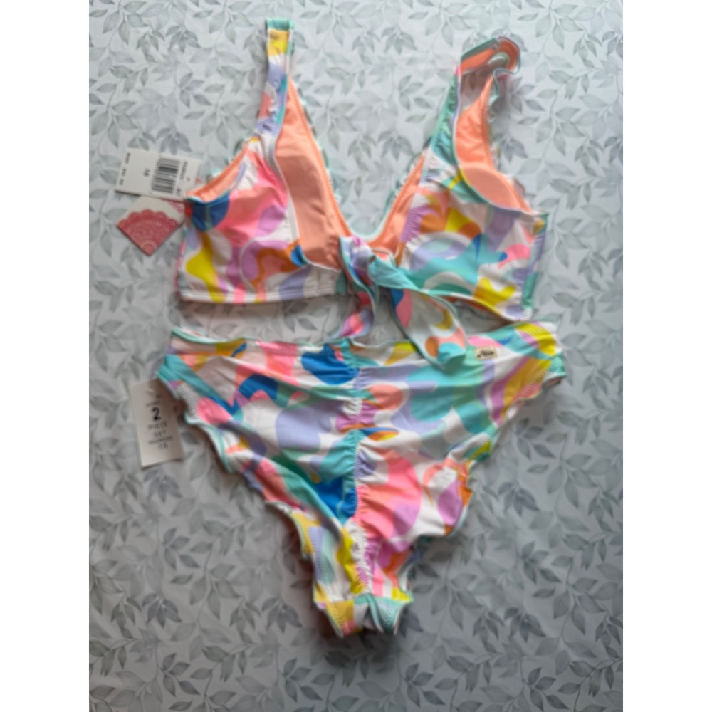 Hobie Girls Multicolor Pastel Swirl Bikini 2 Piece Swimsuit Set Ruffle Size 16
